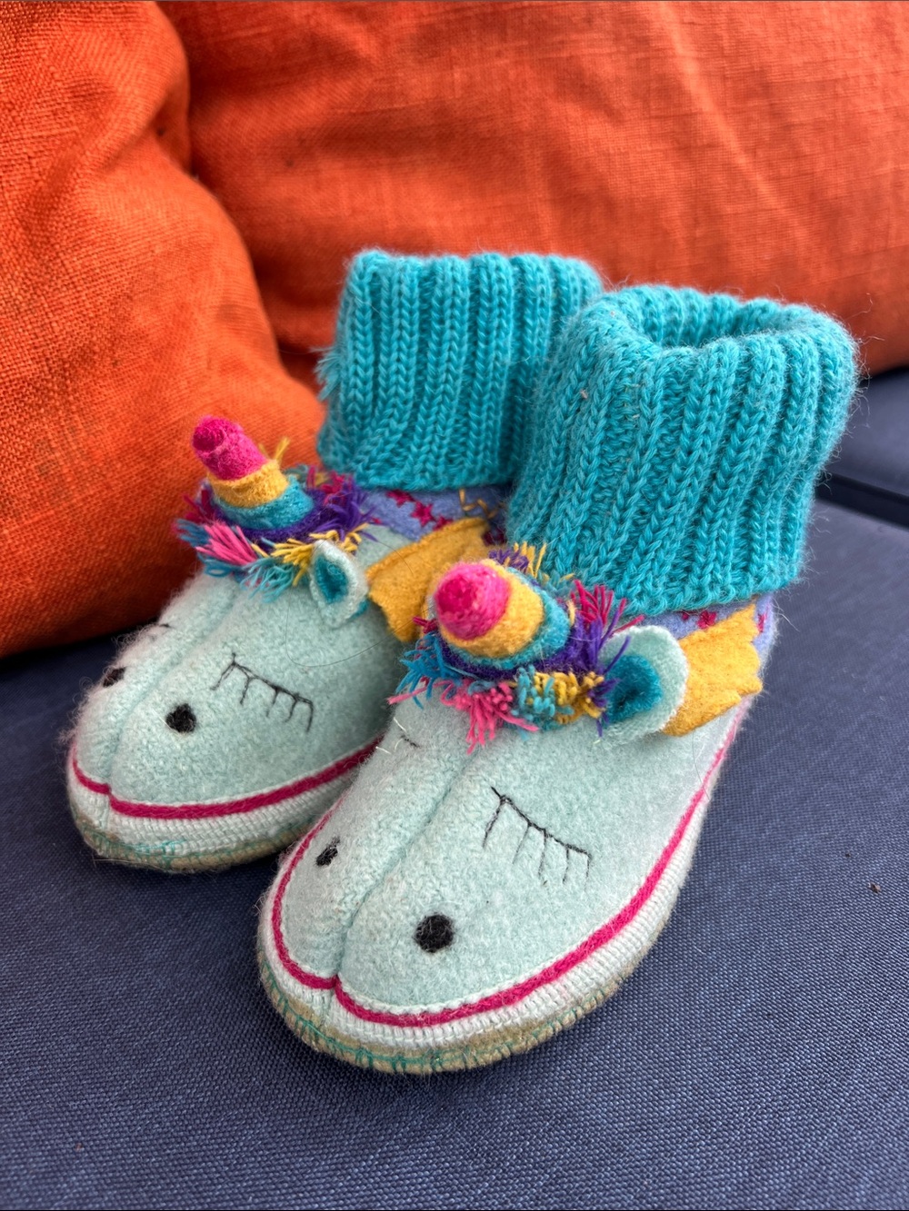 Garnet Hill Turquoise Unicorn Knit Slippers for kids